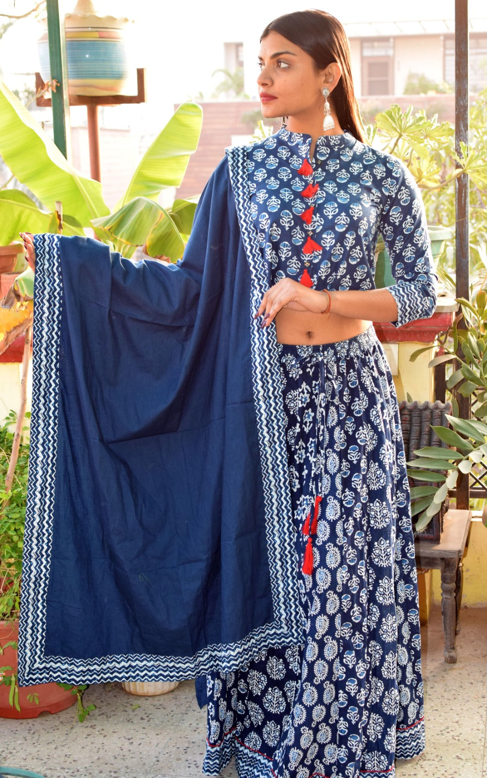 Small Booti Indigo Rayon Blouse with Skirt