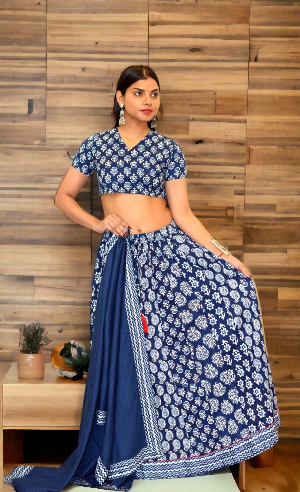 Small Booti Indigo Rayon half sleeves leghanga set