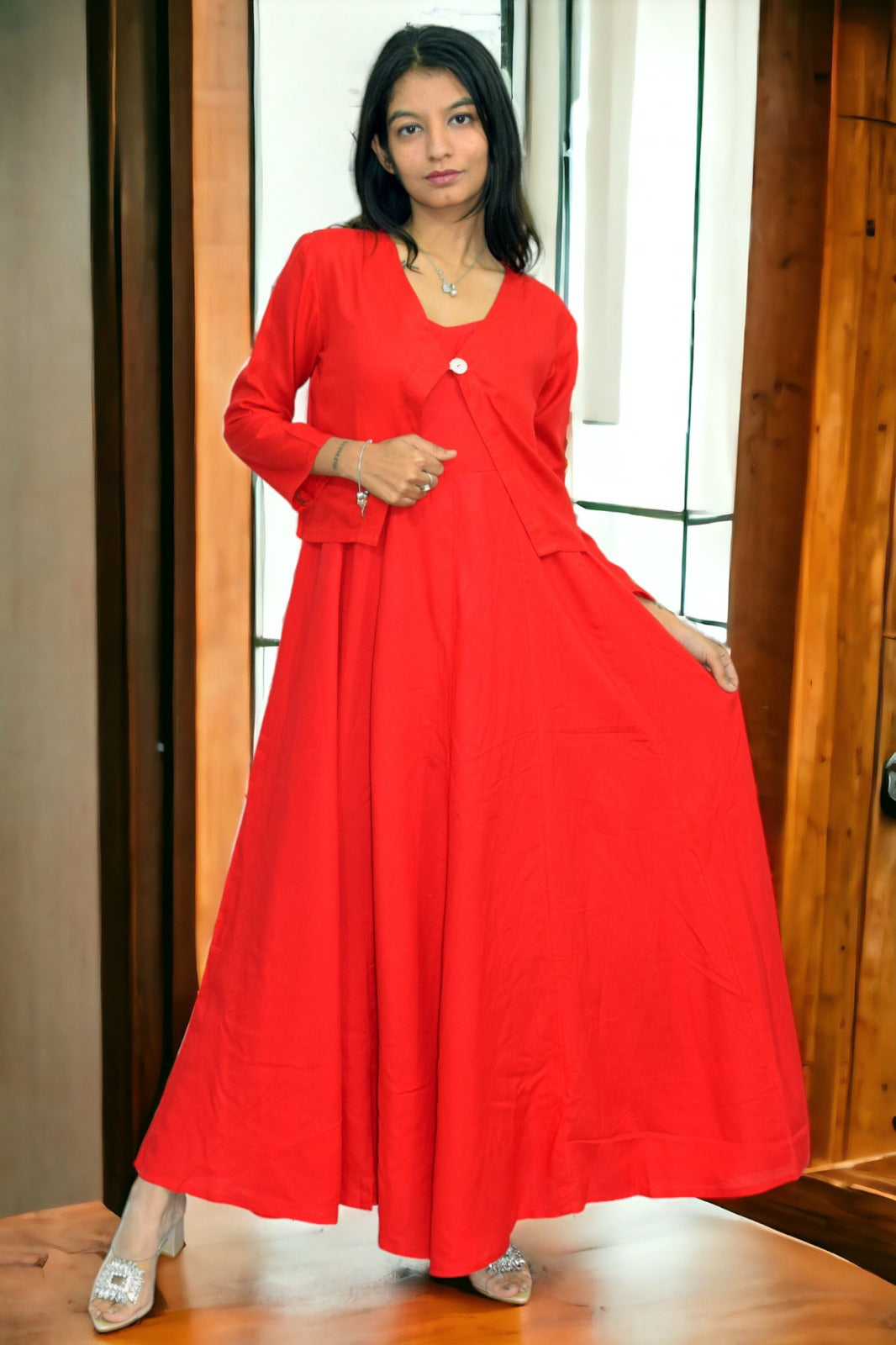 Long Red Frock With Jacket Red Long Flared A Line Rayon Dress With Jacket Jaipur Hand Block Long Red Frock With Jacket Red Long Flared A Line Rayon Dress With Jacket Jaipur Hand Block