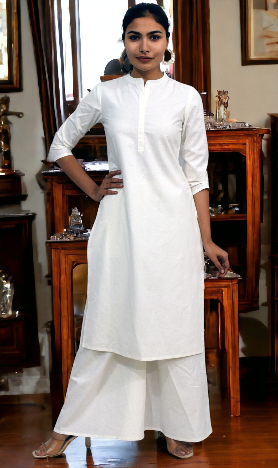 White collared Plain Cotton Kurta with plazzo