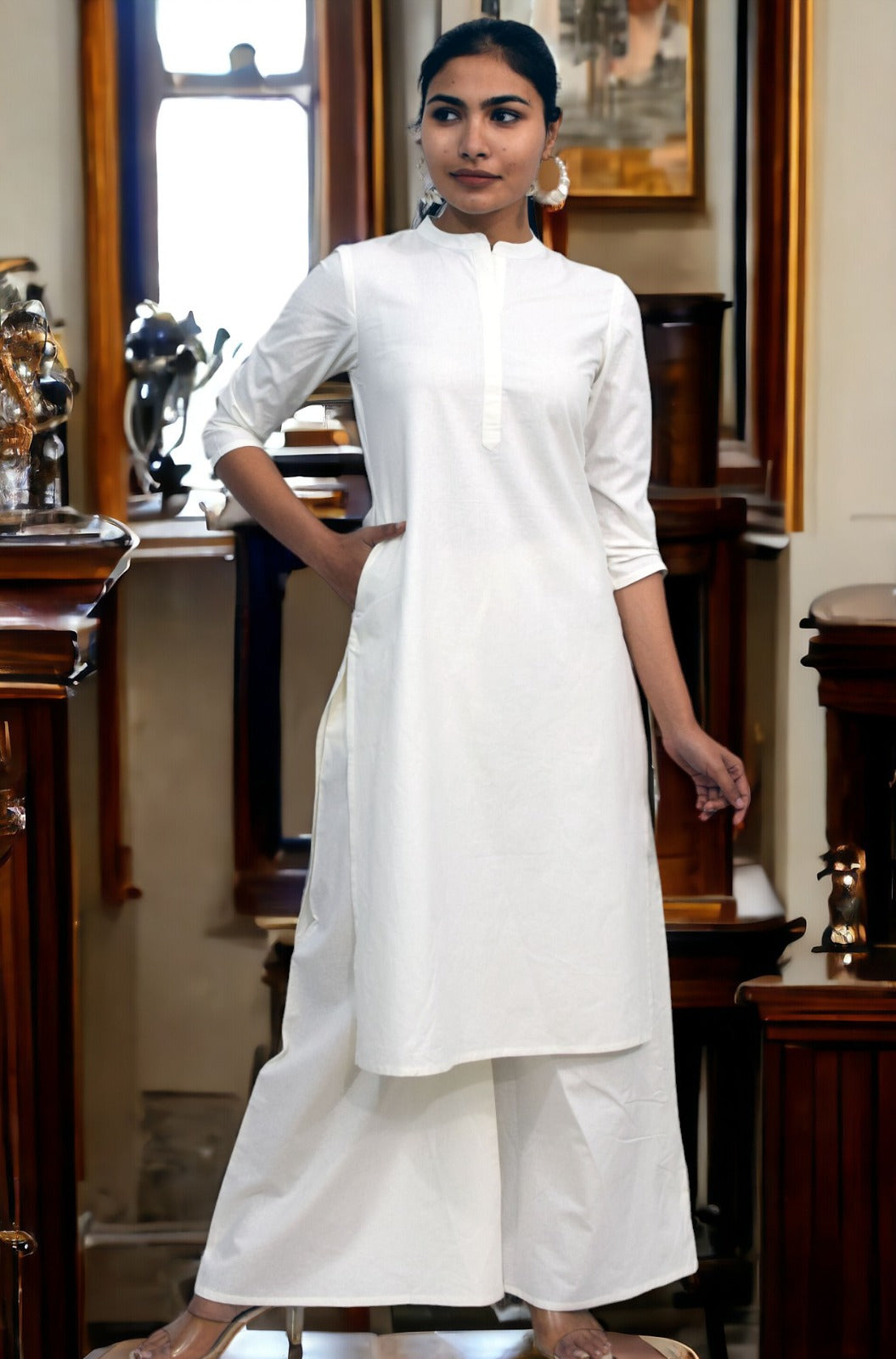 White collared Plain Cotton Kurta with plazzo