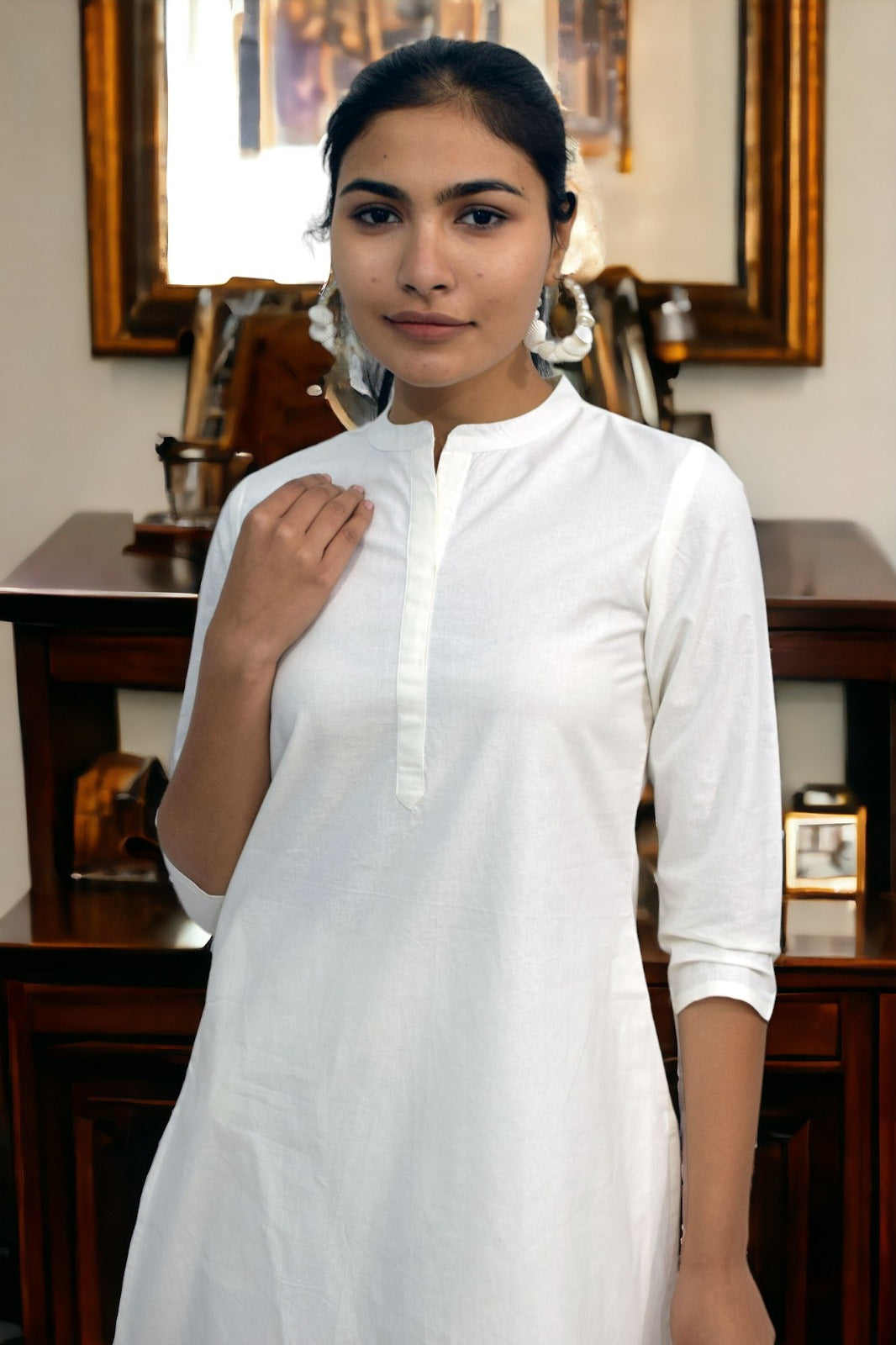 White collared Plain Cotton Kurta with plazzo