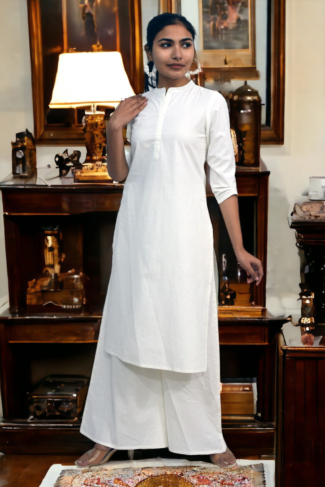 White collared Plain Cotton Kurta with plazzo