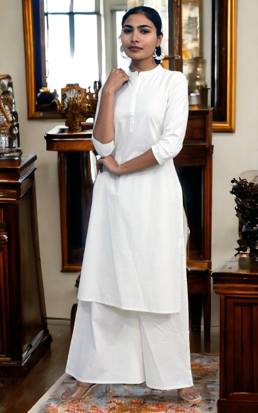 White collared Plain Cotton Kurta with plazzo
