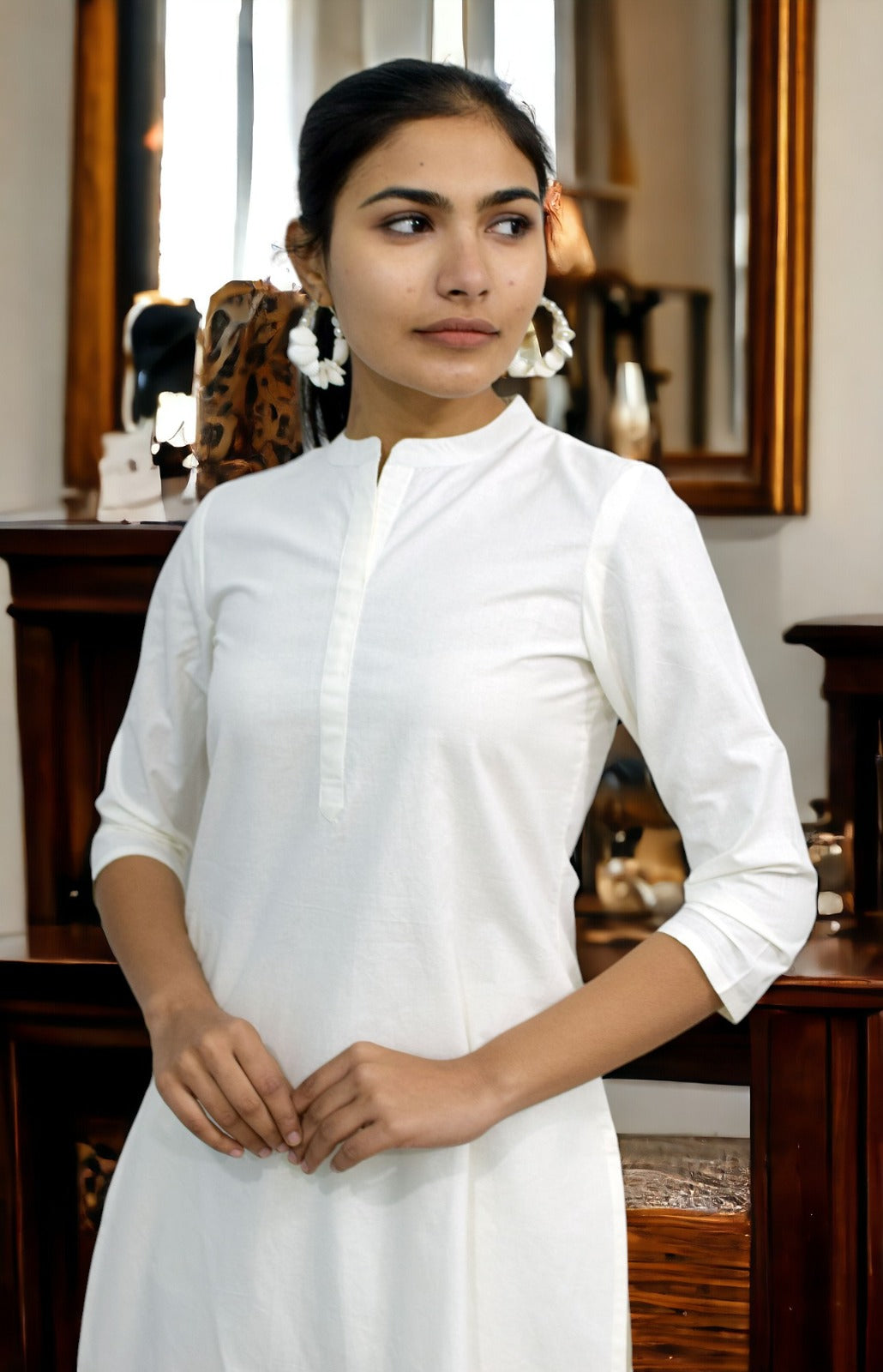 White collared Plain Cotton Kurta with plazzo