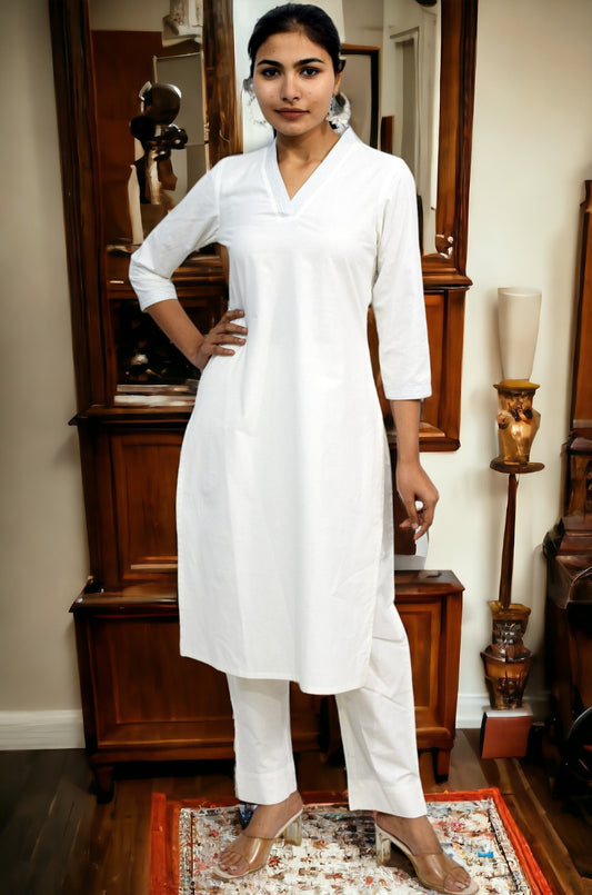 V- neck Plain Cotton Kurta with pant