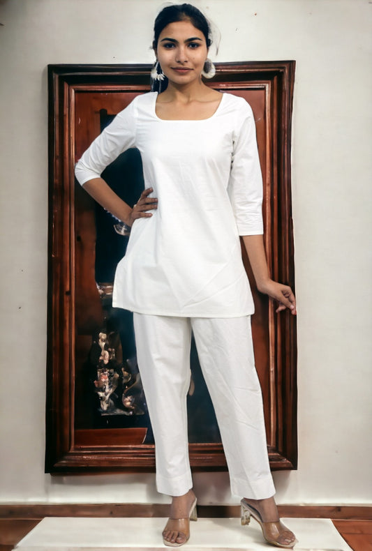 White broad Plain Cotton Kurta with pants