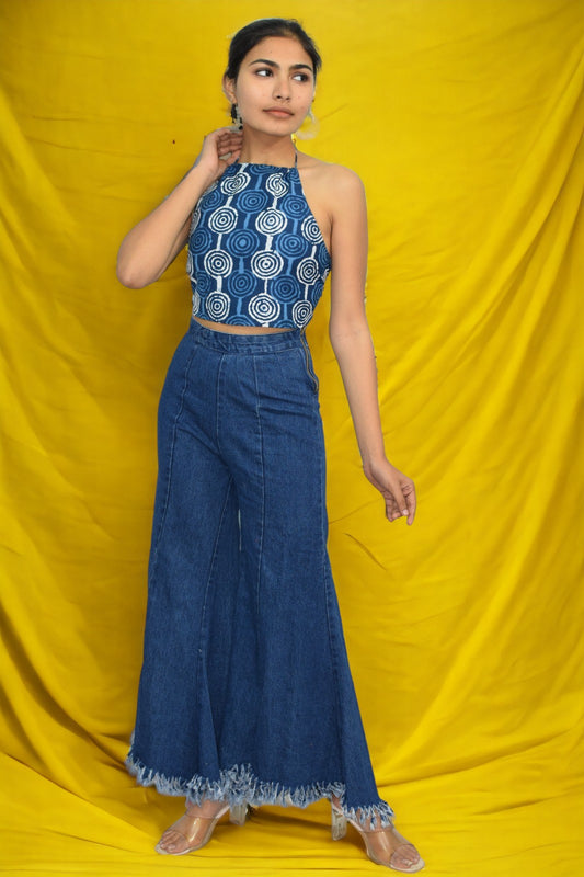 Indigo circle backless Halter neck crop top