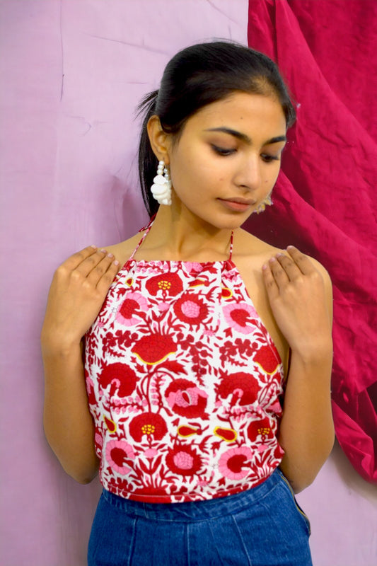 Red White backless Halter neck crop top