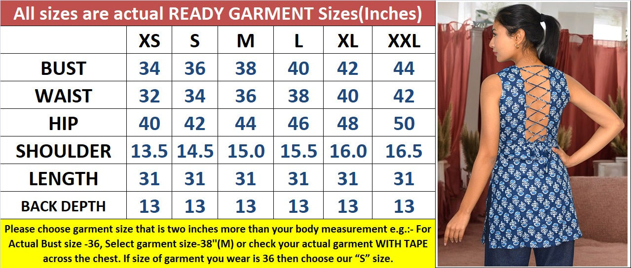 Small booti indigo backless short kurti