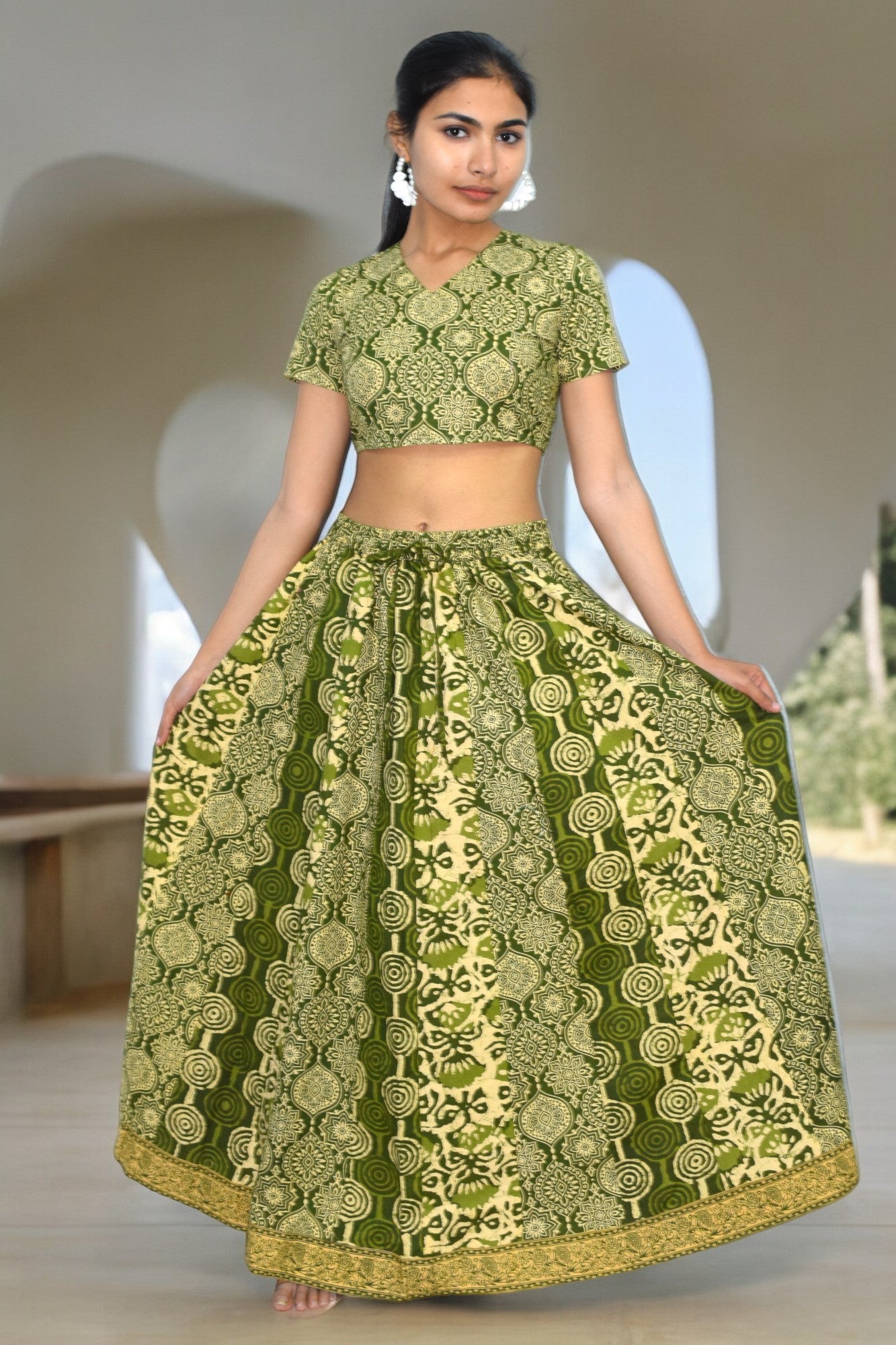 Mughal green half sleeves lehanga set