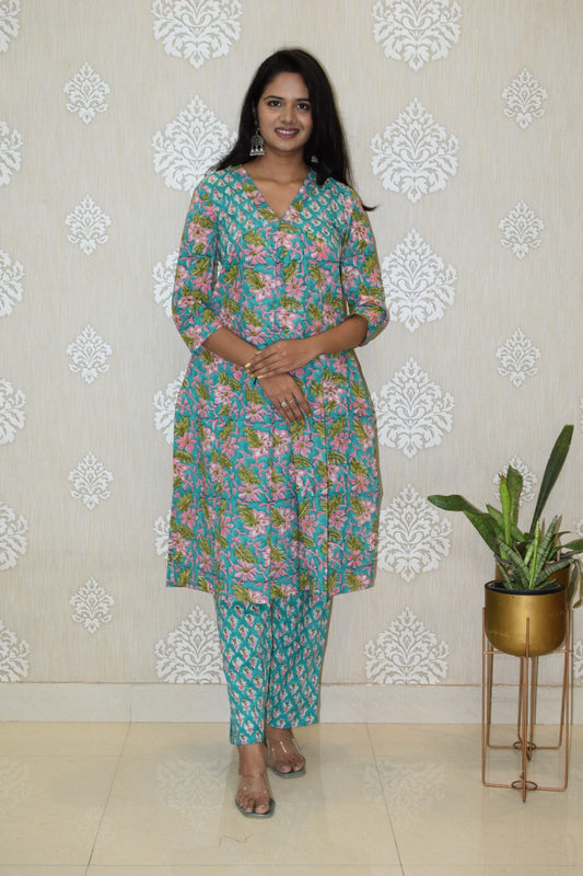 Alia cut Sea green printed handblock coord set