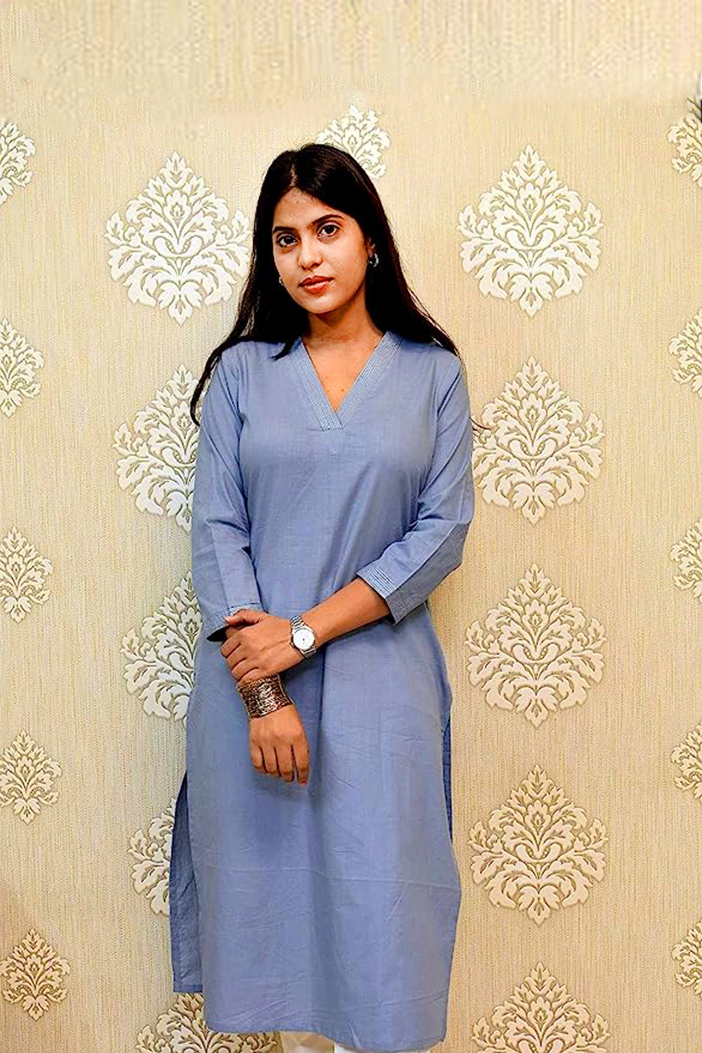Grey V-Neck Plain Cotton Kurta