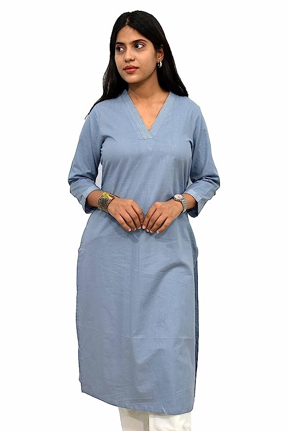 Grey V-Neck Plain Cotton Kurta