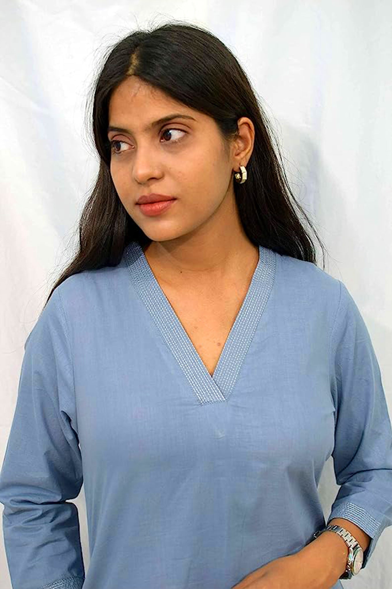 Grey V-Neck Plain Cotton Kurta