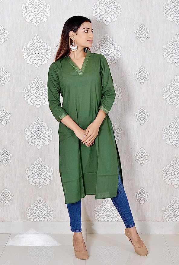 Green V-Neck Plain Cotton Kurta