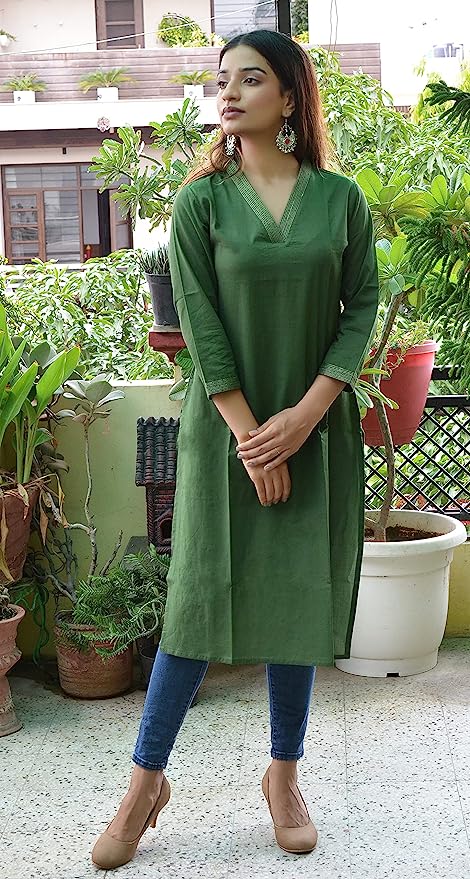 Green V-Neck Plain Cotton Kurta