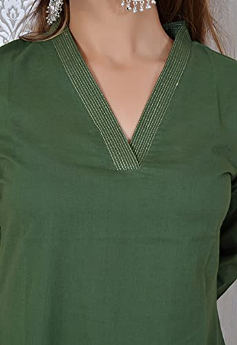 Green V-Neck Plain Cotton Kurta