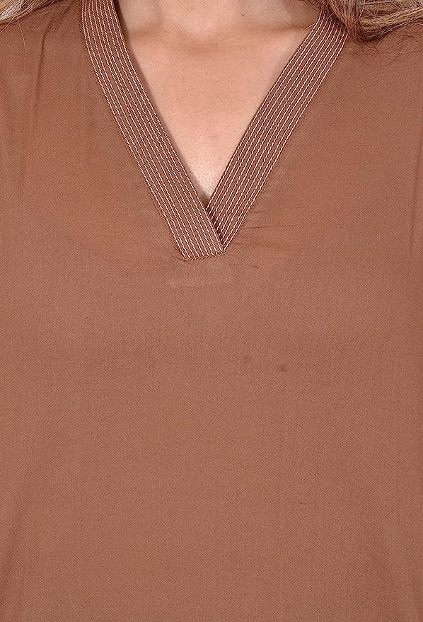 Brown V-Neck Plain Cotton Kurta