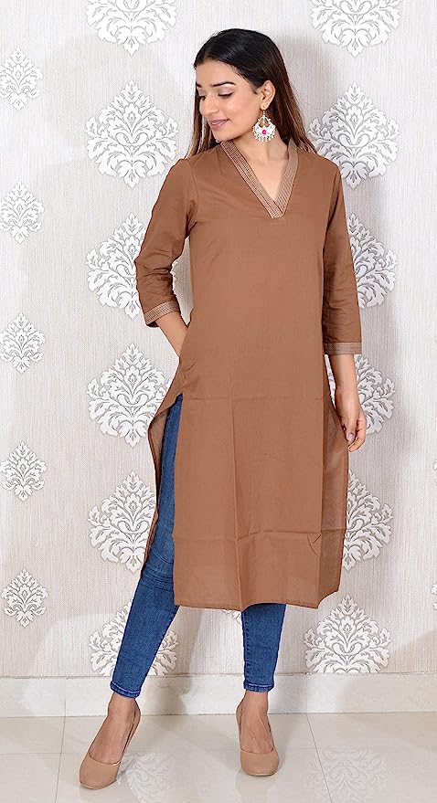 Brown V-Neck Plain Cotton Kurta