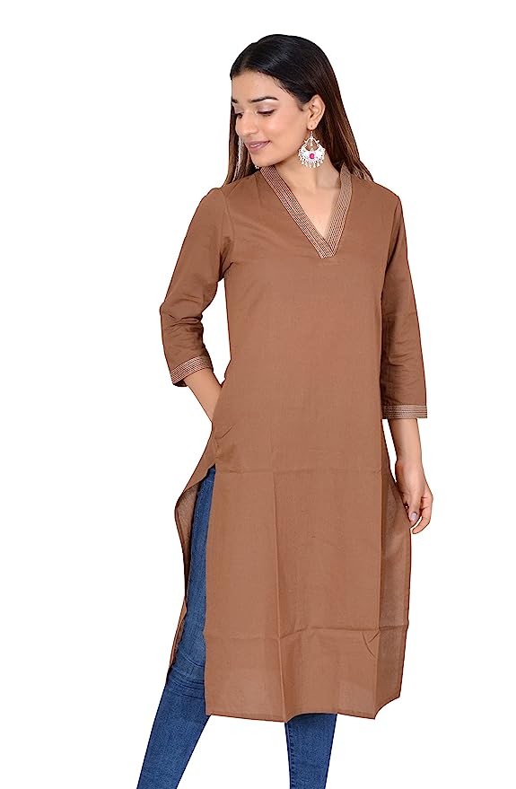 Brown V-Neck Plain Cotton Kurta