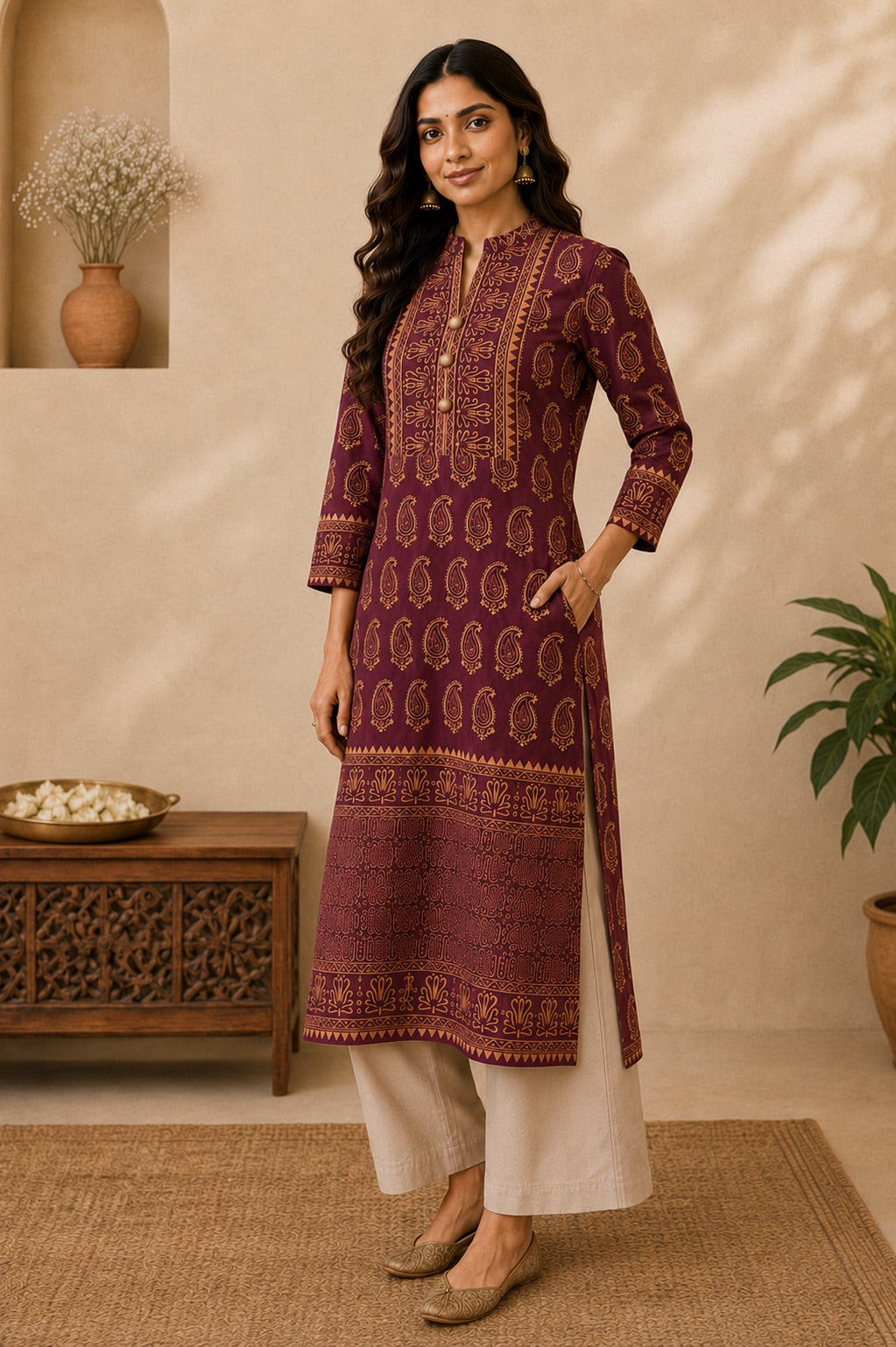 Gulnaar Maroon & Gold Paisley Print Festive Kurta for Women