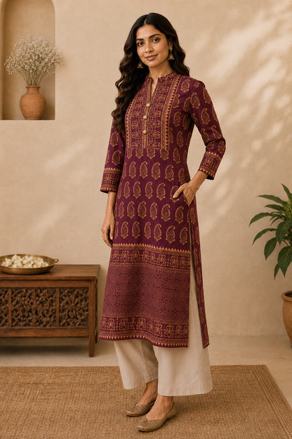 Gulnaar Maroon & Gold Paisley Print Festive Kurta for Women