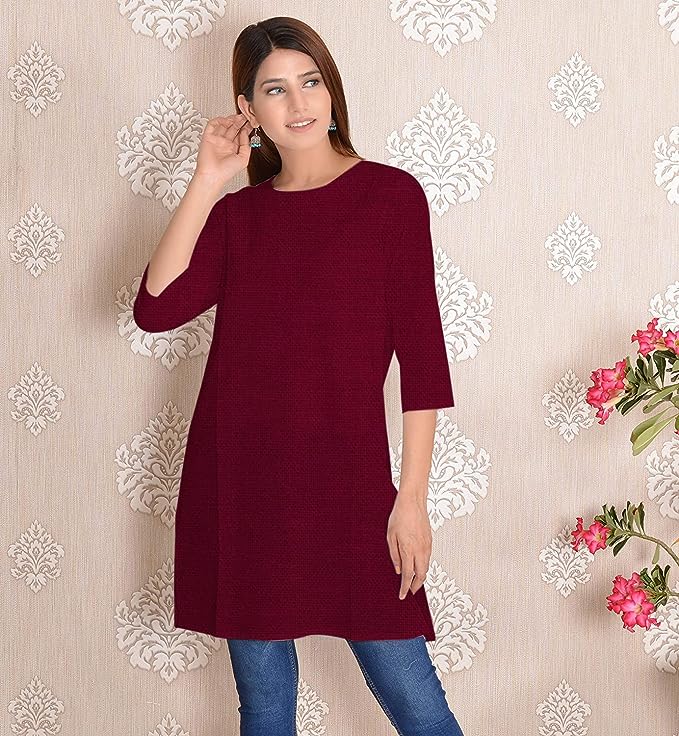 Maroon round neck Plain Cotton Kurta