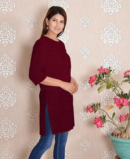 Maroon round neck Plain Cotton Kurta