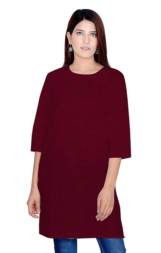 Maroon round neck Plain Cotton Kurta