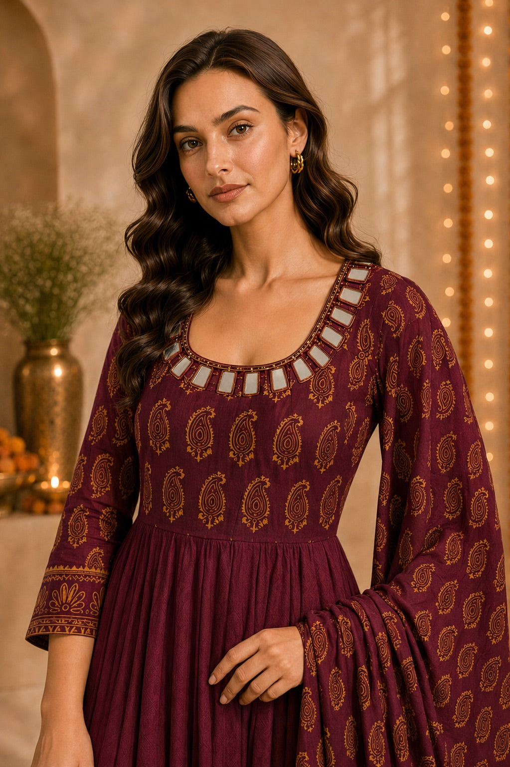 Women’s Paisley Printed Maroon Anarkali Kurta Set with Dupatta