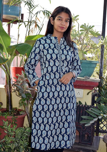 Indigo morpankhi collared round neck Printed Cotton Kurta