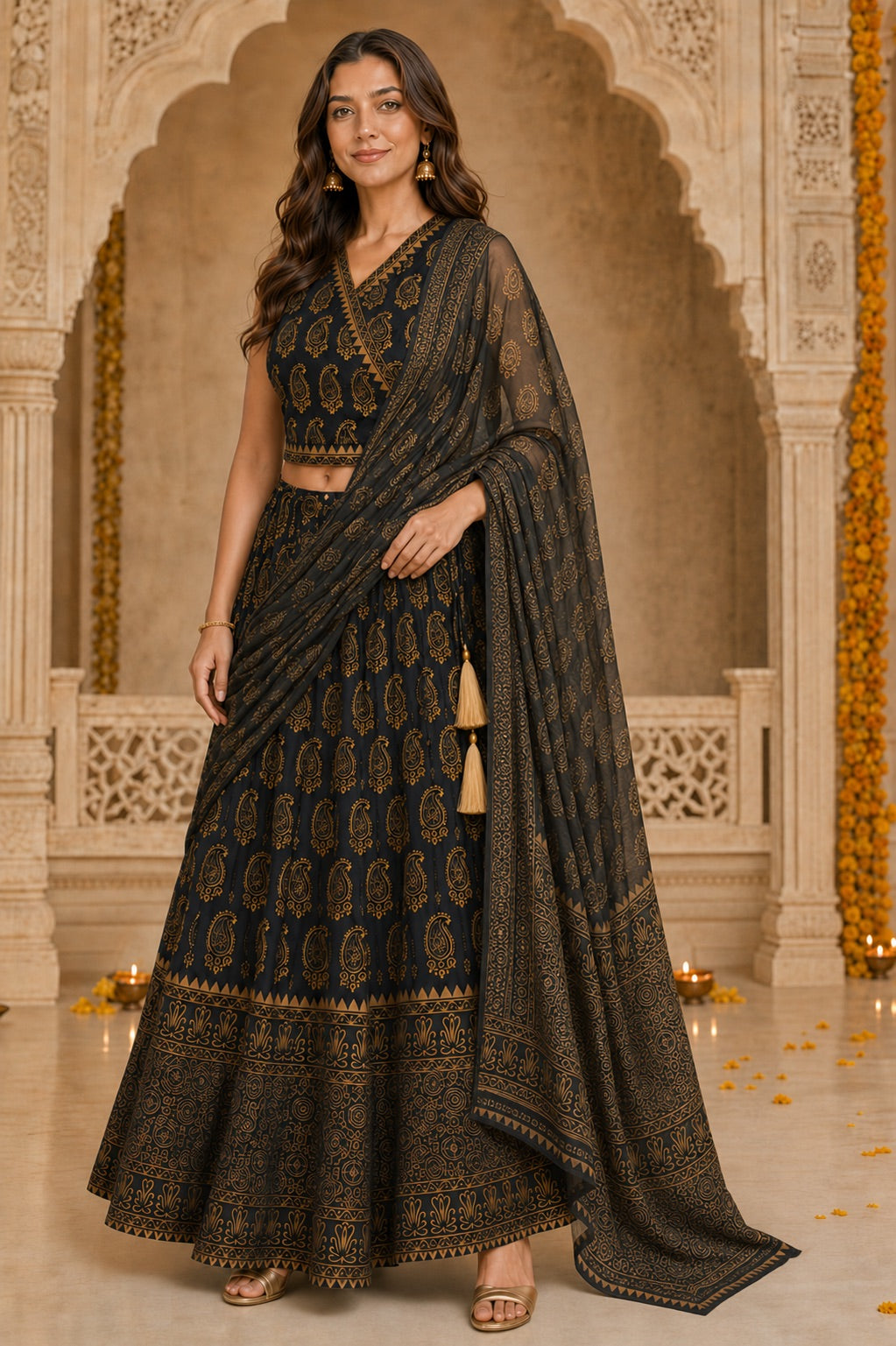 Noor Paisley Hand Block Printed Wrap Lehenga Set