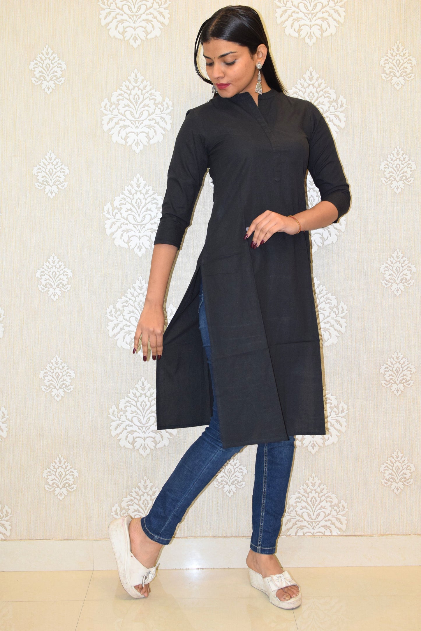 Black collared round neck Plain Cotton Kurta