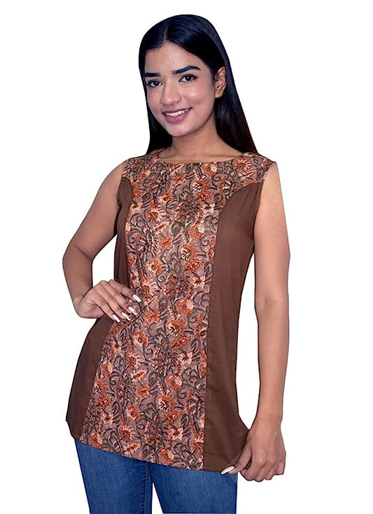 Brown Boat Neck Sleeveless Women's Top