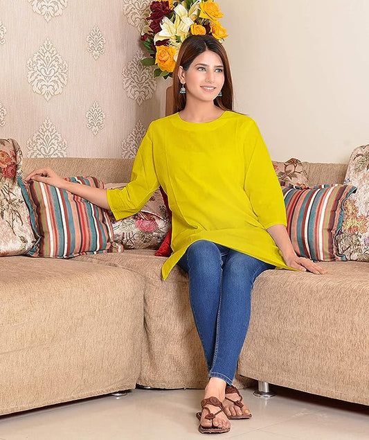 Yellow round neck Plain Cotton Kurta