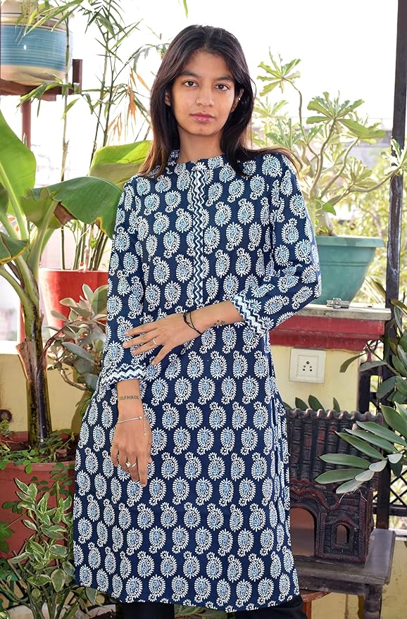 Indigo morpankhi collared round neck Printed Cotton Kurta