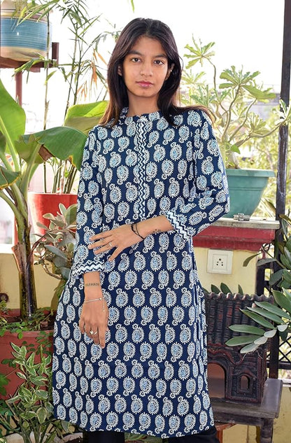 Indigo morpankhi collared round neck Printed Cotton Kurta