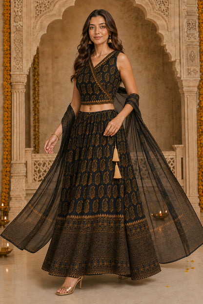 Noor Paisley Hand Block Printed Wrap Lehenga Set
