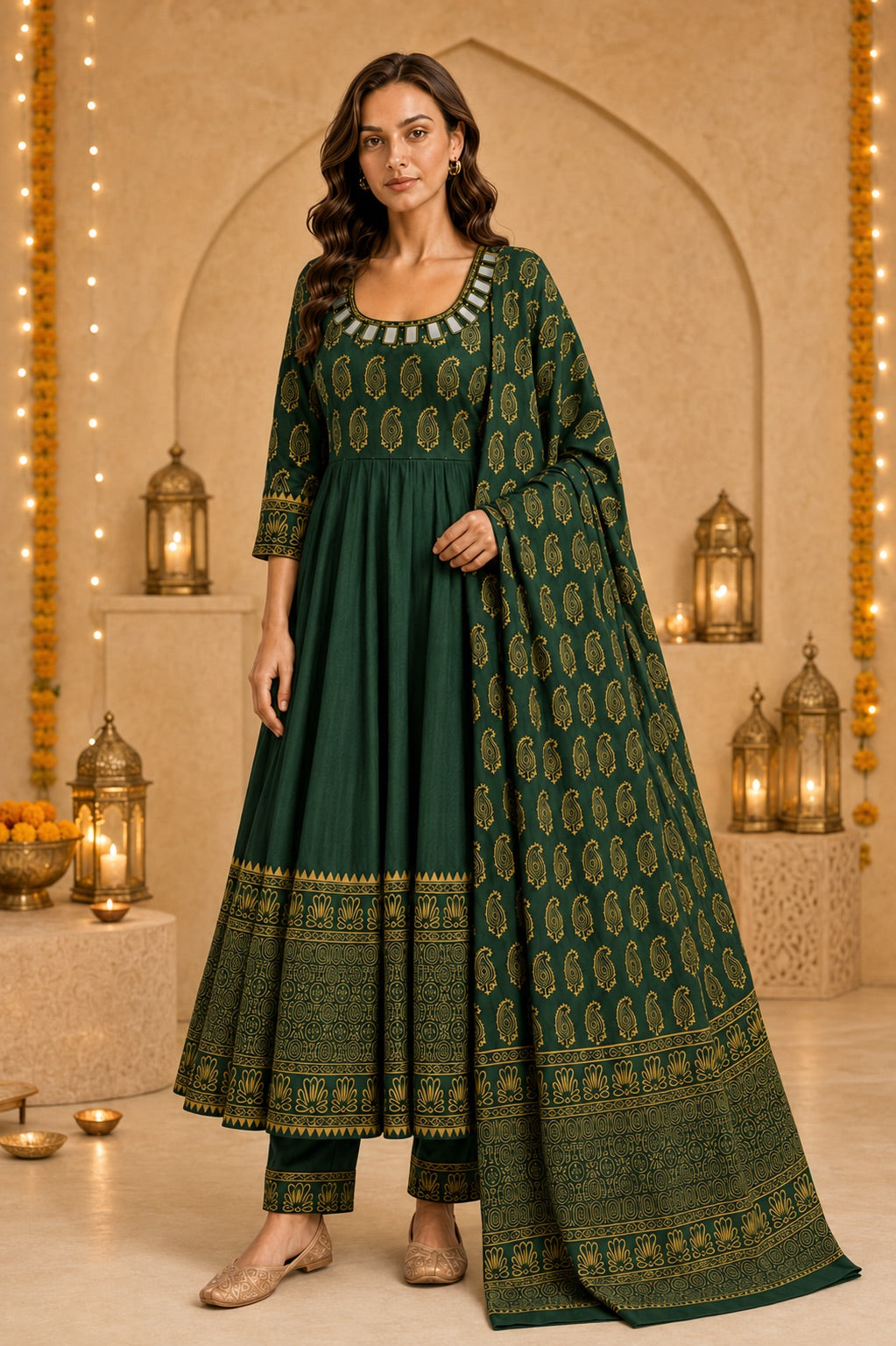 Women’s Paisley Printed Green Anarkali Kurta Set with Dupatta