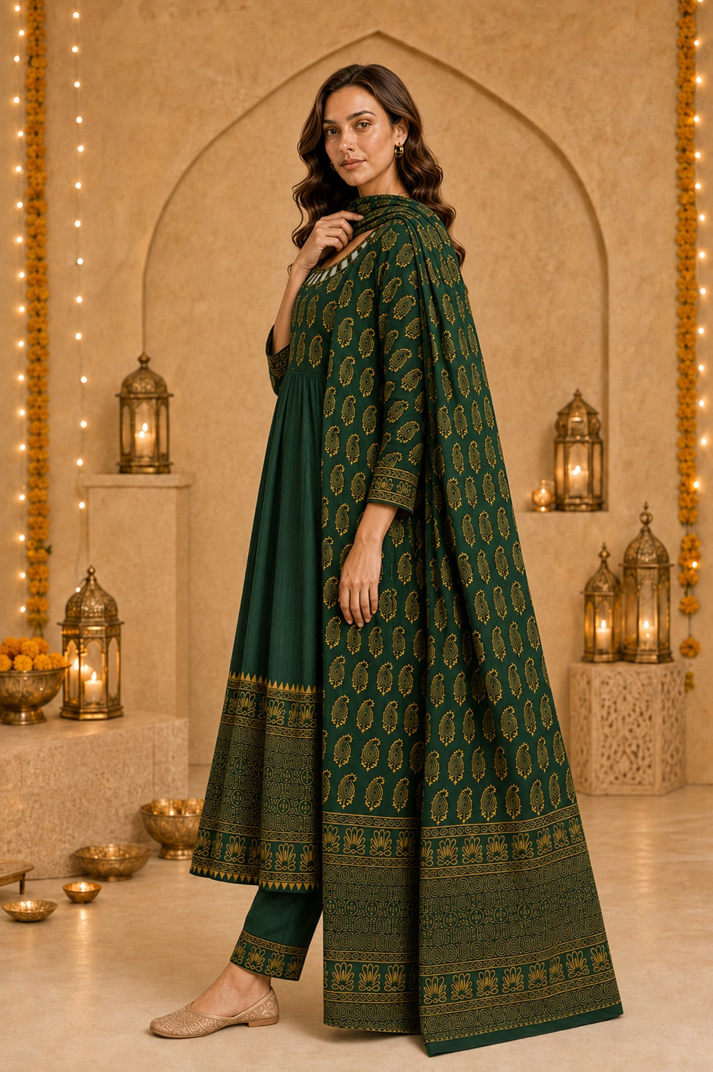 Women’s Paisley Printed Green Anarkali Kurta Set with Dupatta