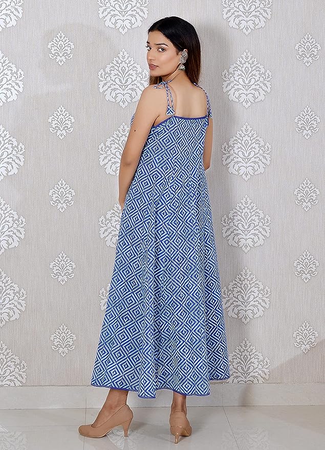 Blue printed Sleeveless Cotton Lace Work Dress