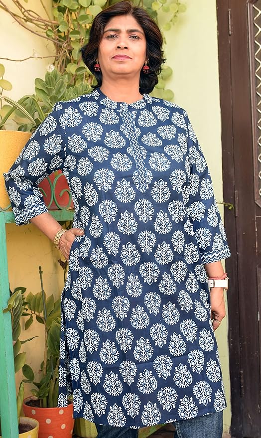 Indigo Amerbooti collared round neck Printed Cotton Kurta