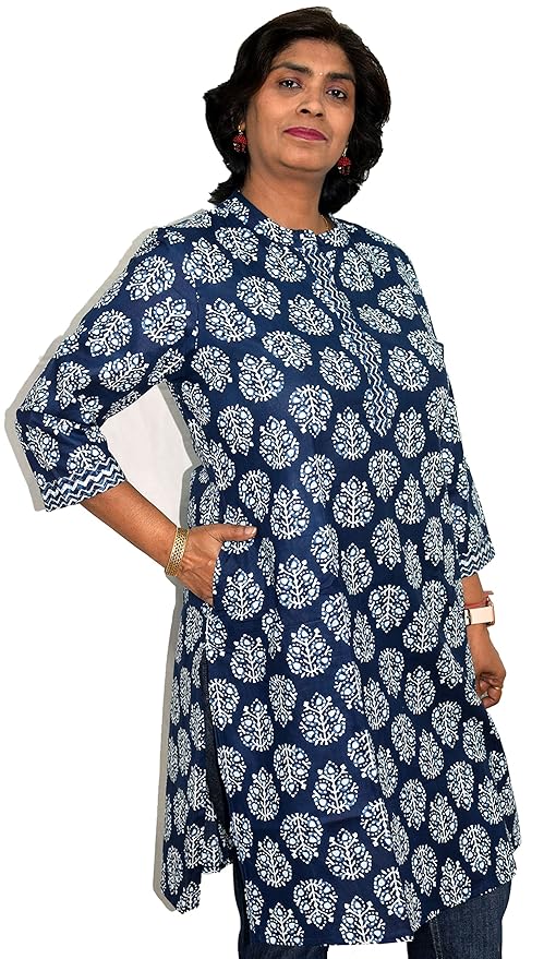 Indigo Amerbooti collared round neck Printed Cotton Kurta