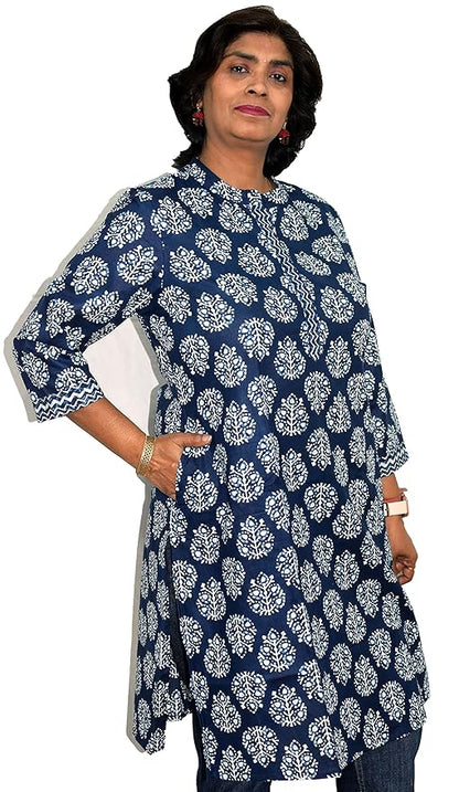 Indigo Amerbooti collared round neck Printed Cotton Kurta