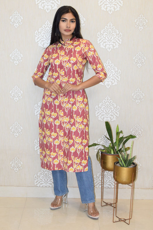 Red matka collared Printed Cotton Kurta