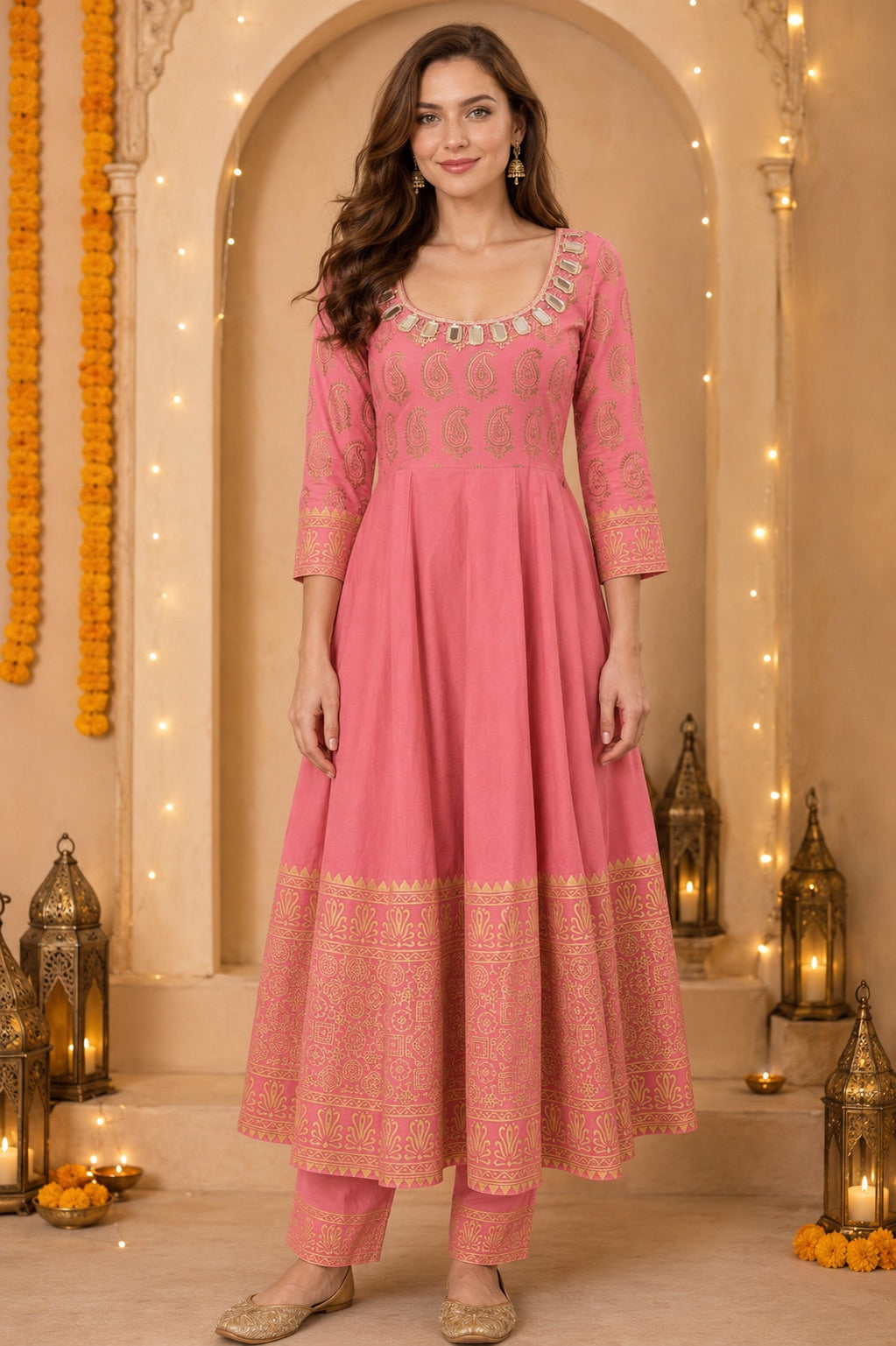 Women’s Paisley Printed Peach Anarkali Kurta Set with Dupatta