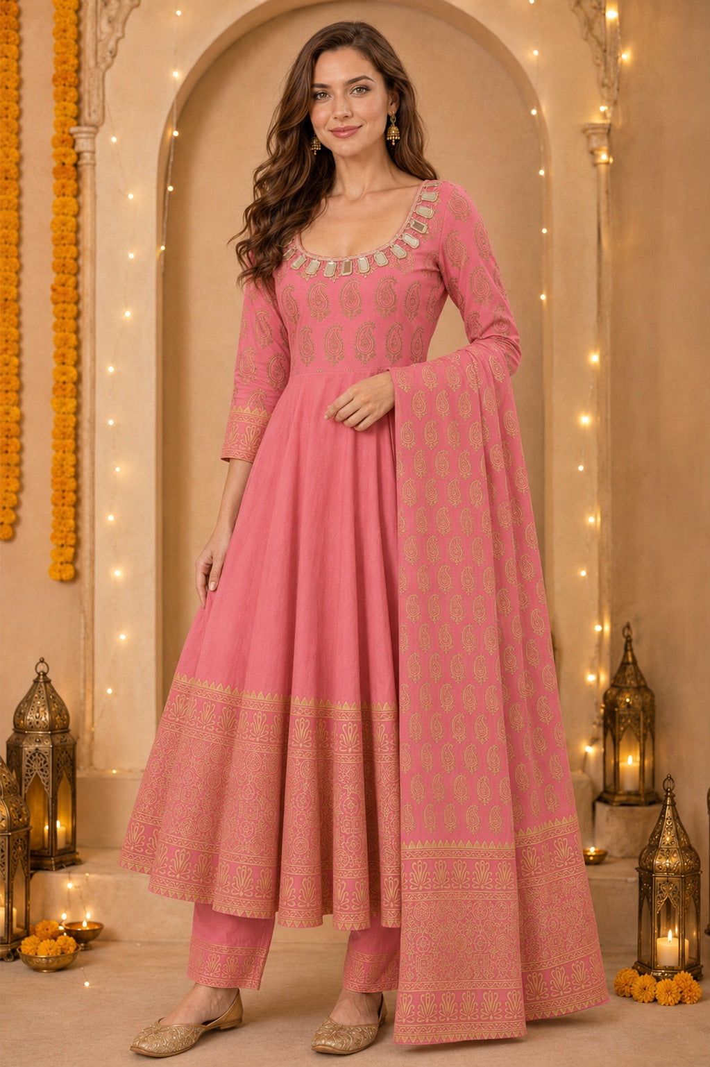 Women’s Paisley Printed Peach Anarkali Kurta Set with Dupatta