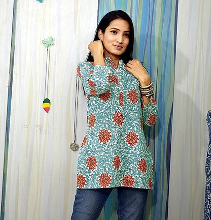 Blue Short Women Hand Print Kurti