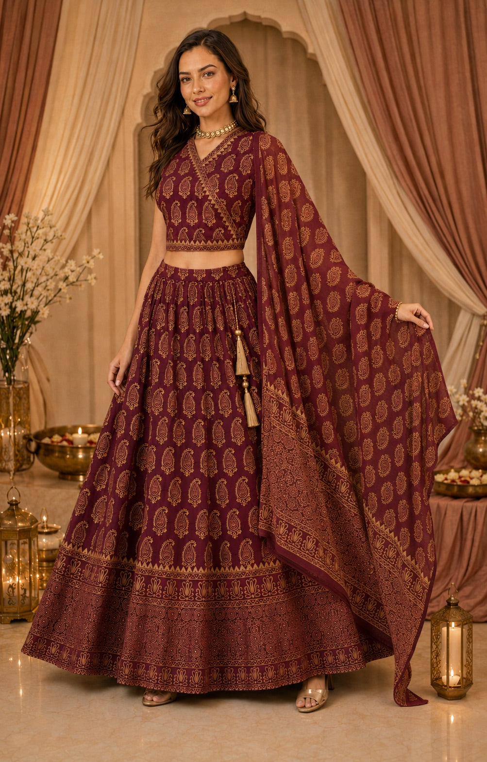 Zarika Hand Block Paisley Lehenga Set